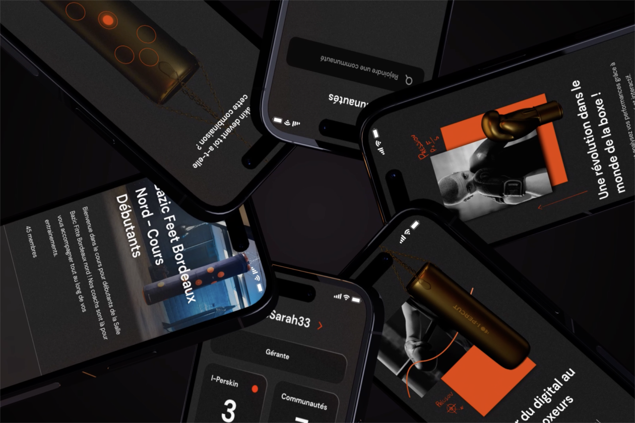 6 téléphones mobiles présentant différents écrans de l'application I-percut