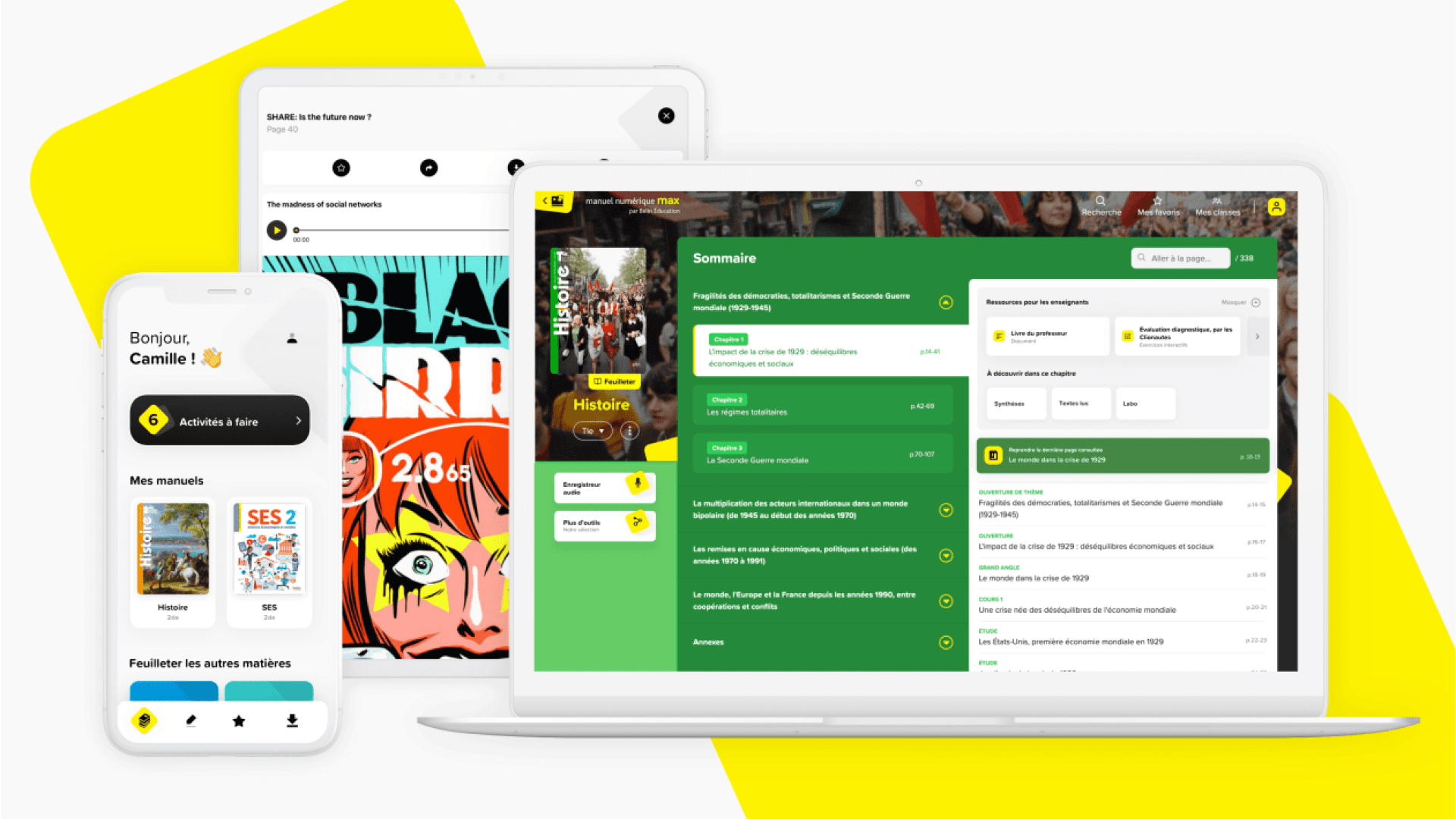 Plateformes d'apprentissage Belin Education sur desktop, mobile et tablette