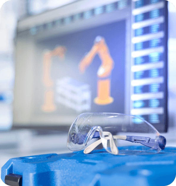 Lunettes de protection posées devant un écran d'application robotique