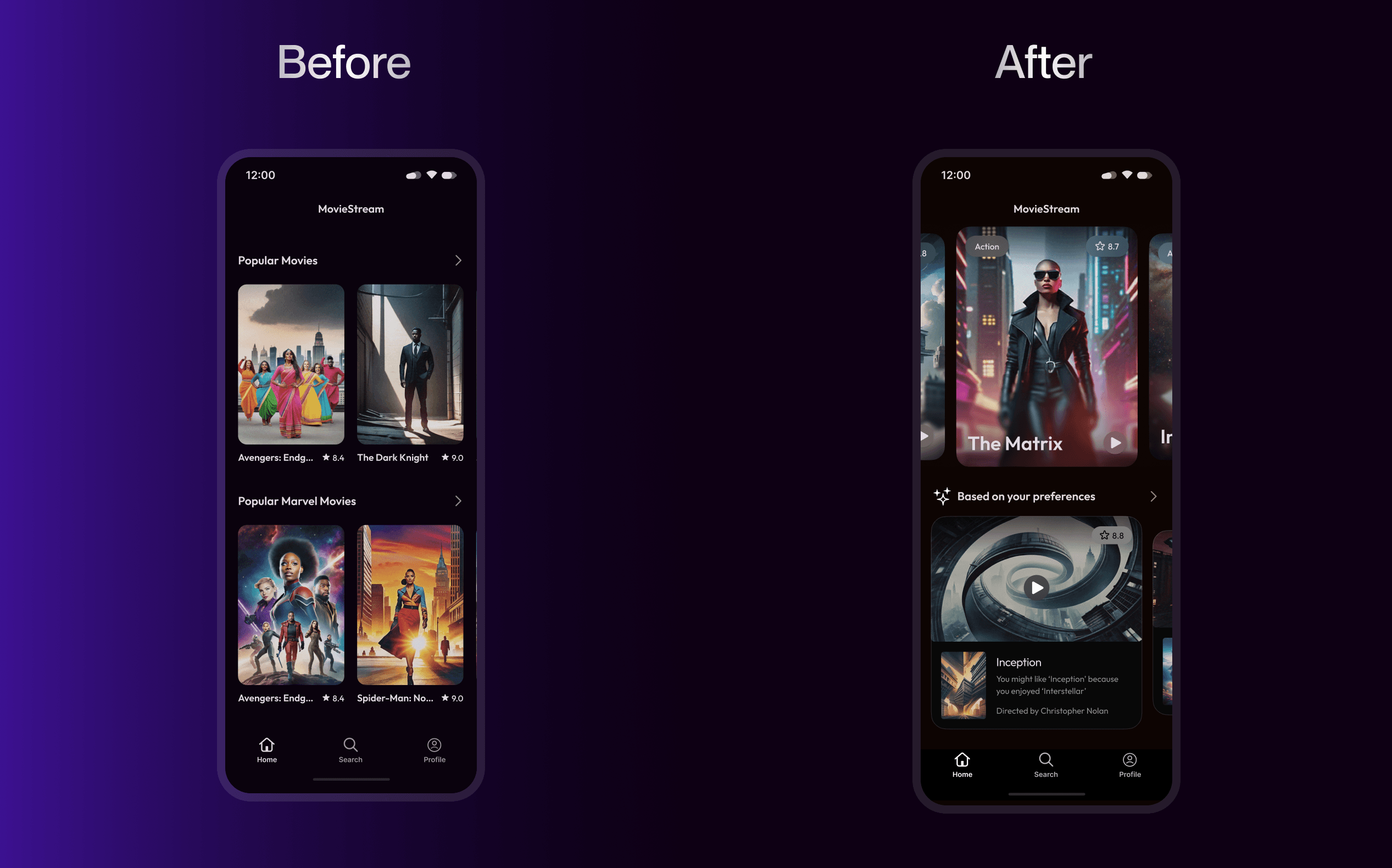 UX & AI article - Before-After image Smartphone screens - Right-hand version reworked with AI
