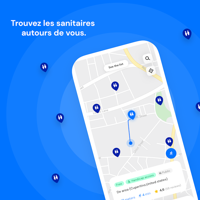 Thanks to the Toilet Finder application that we publish internally, we allow hundreds of thousands of people to gain autonomy (chronic gastrointestinal diseases, professionals using their vehicle continuously, etc.).
This application allows us to aggregate the reference geographical database of public toilets in the world.
This database is used for Apple's Maps app on over 500 million iOS, iPhone and iPad devices.
The application is used as a marketing tool by large pharmaceutical companies which have exclusivity in certain markets such as Takeda.