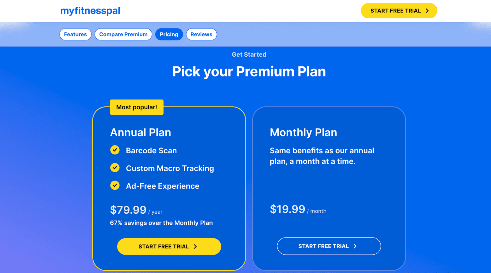Product-led Growth - myfitnesspal Le pricing “Premium” pratiqué par MyFitnessPal (source : myfitnesspal)
