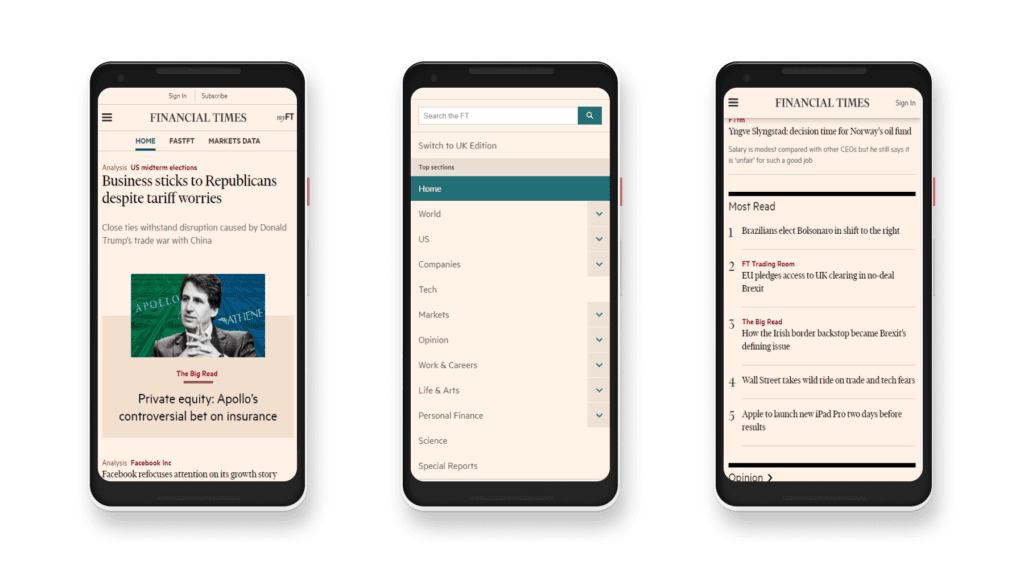 PWA - Financial Times Le Financial Times a produit une version PWA du journal pour permettre aux lecteurs de
consulter les articles hors ligne et en déplacement (source : Cloudflight)